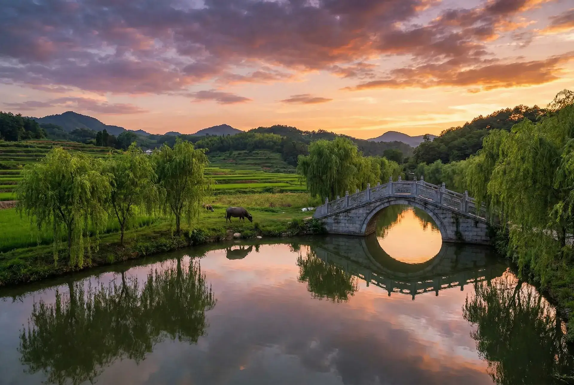 夕阳下的石拱桥与垂柳，水牛在河边吃草 - voyeurhit中国夫妻 乡村美景